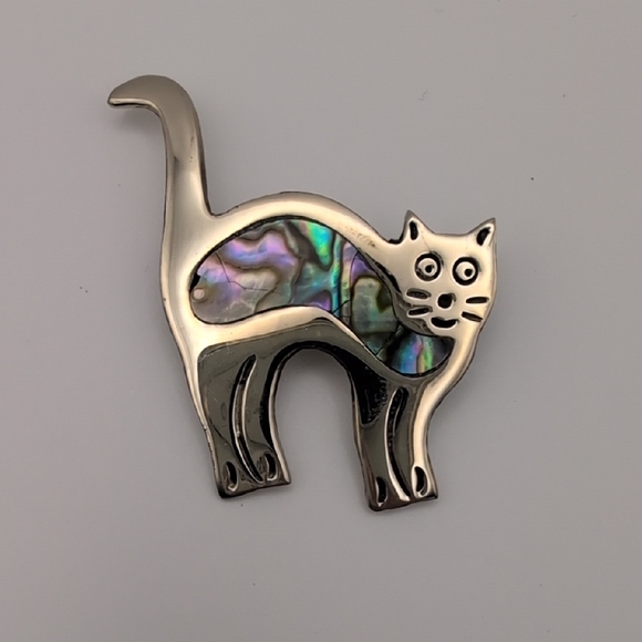 Other - Silver Tone Cat Brooch with Iridescent Abalone Shell Accent - Cat Jewelry Pin